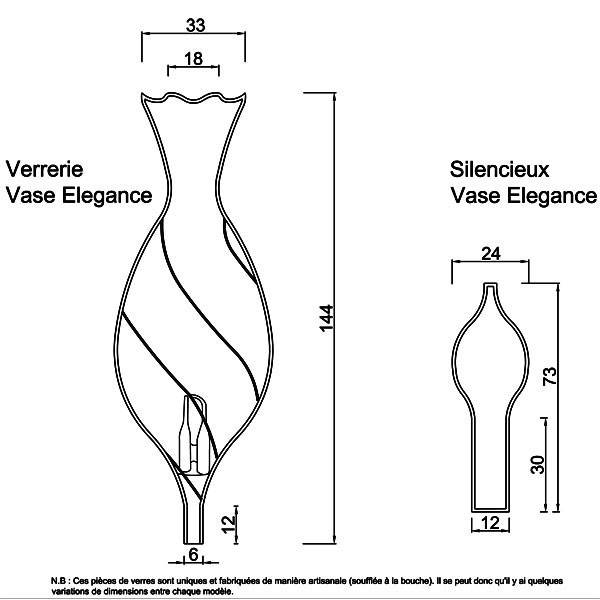 Dessin technique et dimensions pour la verrerie et le silencieux Vase Elegance