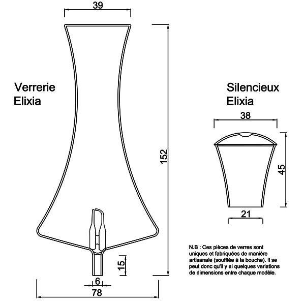 Technical drawing and dimensions for glassware and silencer elixia
