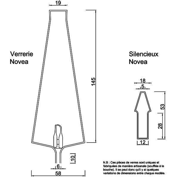 Technical drawing and dimensions for glassware and silencer novea