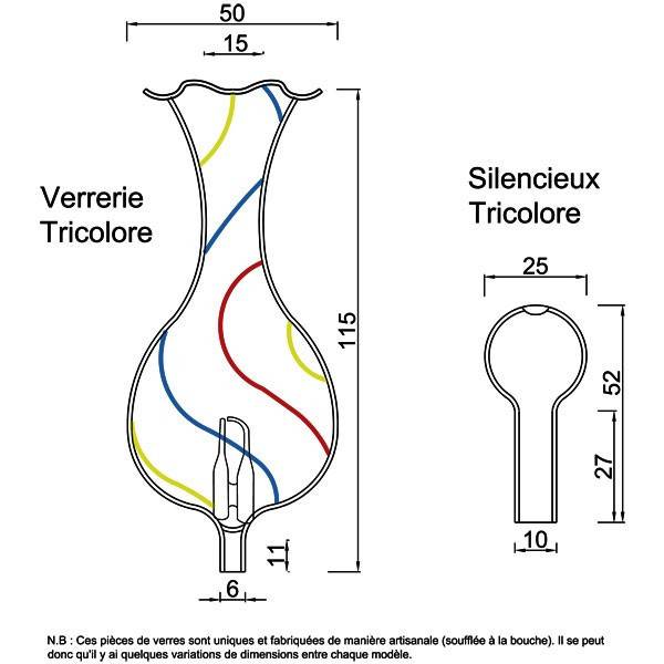 Technical drawing and dimensions for glassware and tricolor silencer