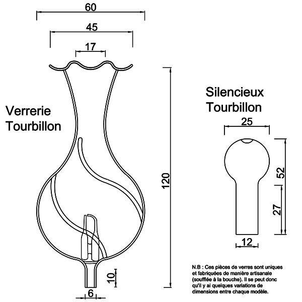 Dessin technique et dimensions pour la verrerie et le silencieux Tourbillon