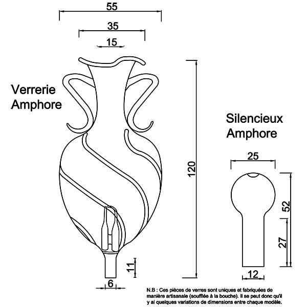 Technical drawing and dimensions for glassware and silencer amphore