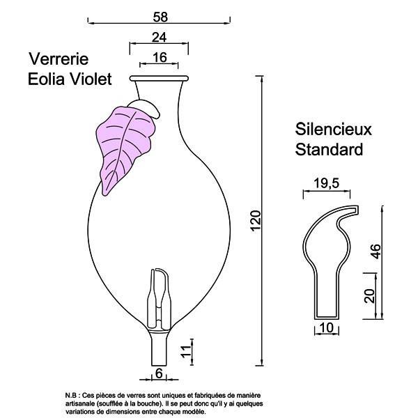 Dessin technique pour la verrerie et le silencieux modèle Eolia violet