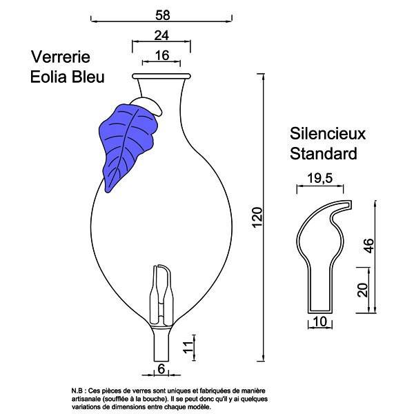 Technical drawing for glassware and silencer model eolia blue