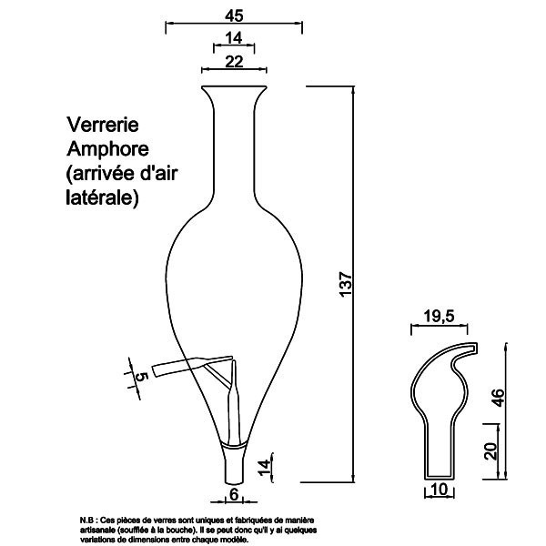 Dessin technique pour la verrerie et le silencieux modèle Amphore arrivée d'air latérale