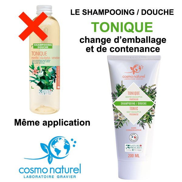 New packaging for shower shampoo Tonique Menthe Eucalyptus Cosmo Naturel