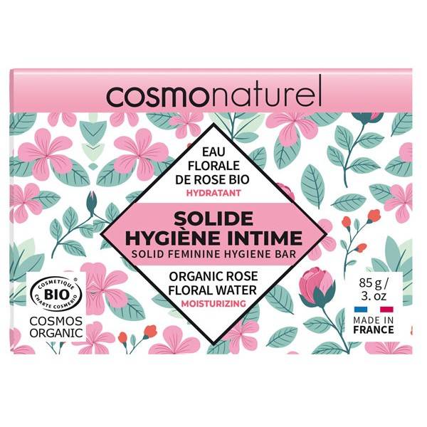 Solide hygiène intime hydratant Eau de rose bio – 85 grs – Cosmo Naturel - Vue de face