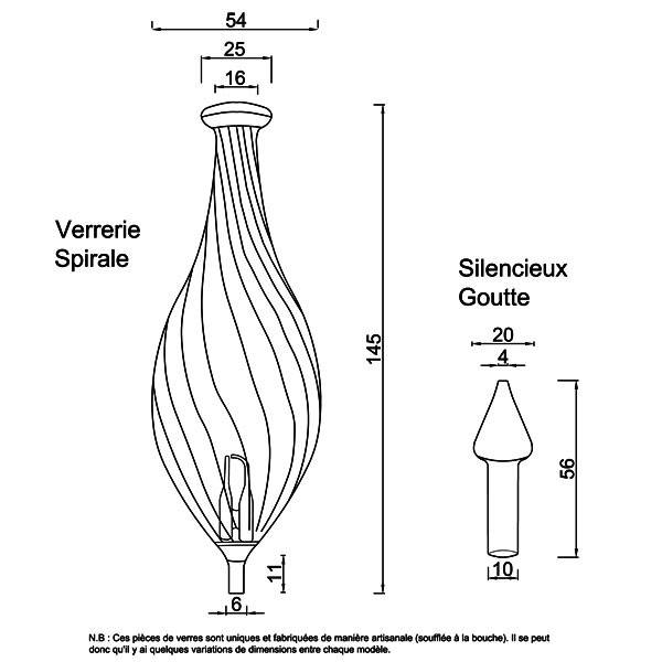 Technical drawing and dimensions for spiral glassware and silent drop