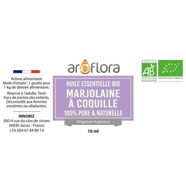 Détail étiquette pour l'huile essentielle de marjolaine bio Aroflora