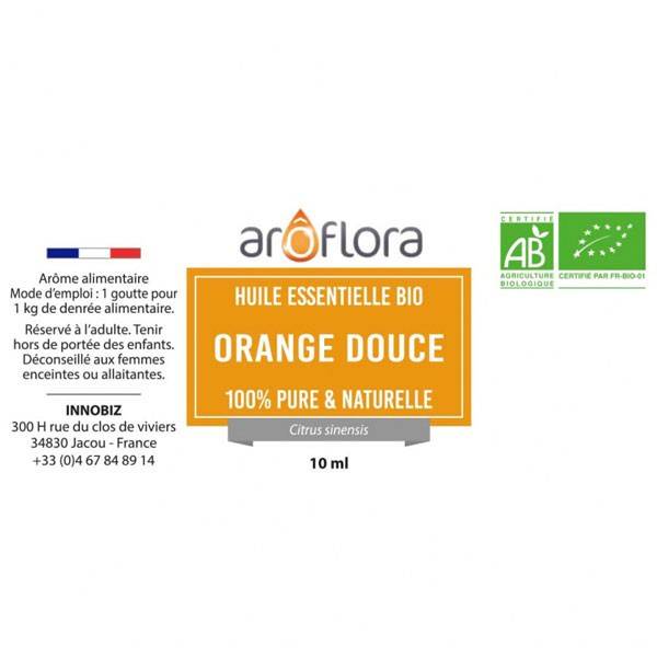 Détail étiquette pour l'huile essentielle d'orange douce bio Aroflora