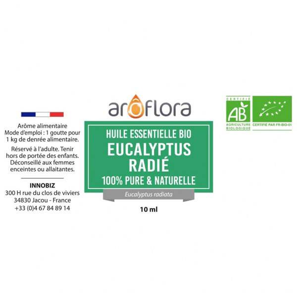 Détail étiquette pour l'huile essentielle d'eucalyptus radié bio Aroflora