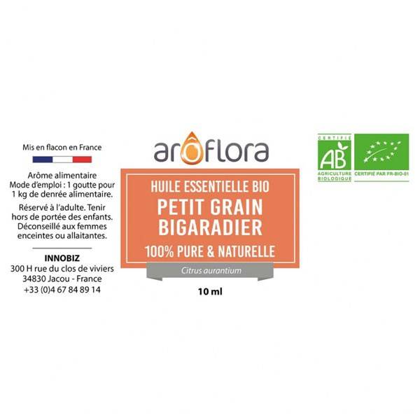 Details label of the essential oil of Petit Grain Bigaradier Aroflora