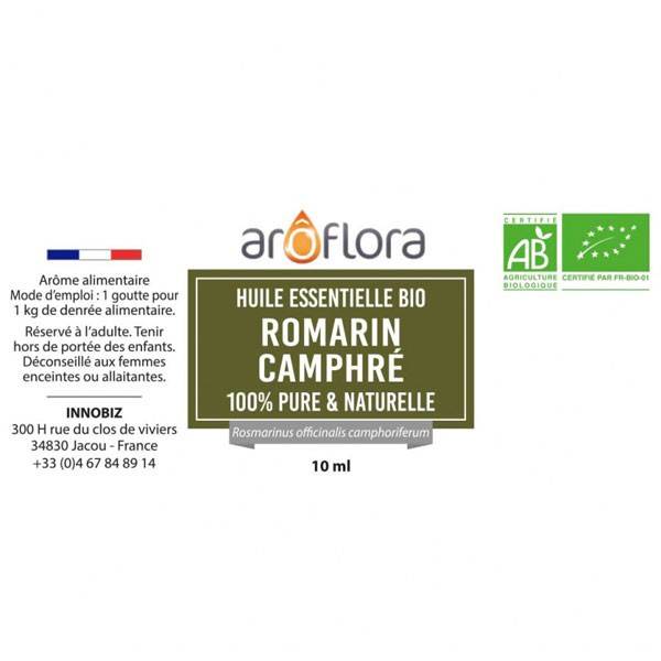 Détails de l'étiquette pour l'huile essentielle de romarin à camphre Bio Aroflora