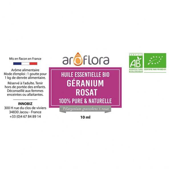 Détail de l'étiquette pour l'huile essentielle bio Géranium rosat Aroflora