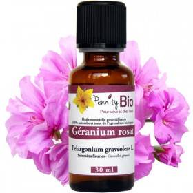 Géranium rosat d'Egypte Bio - Sommités fleuries - Huile essentielle Penntybio - Flacon de 30 ml