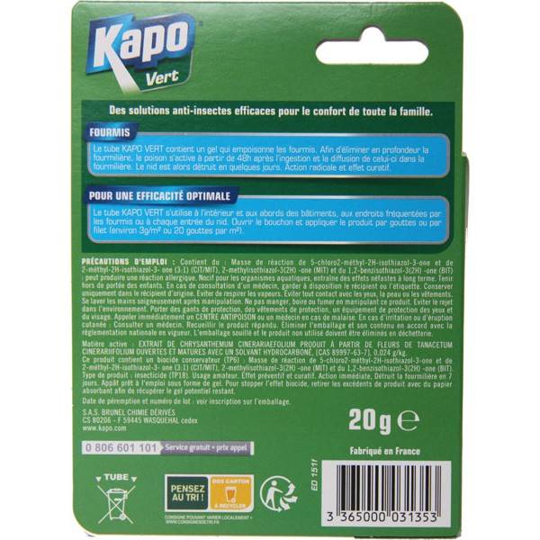 Verso of the box Tube gel anti-supplied Kapo Green
