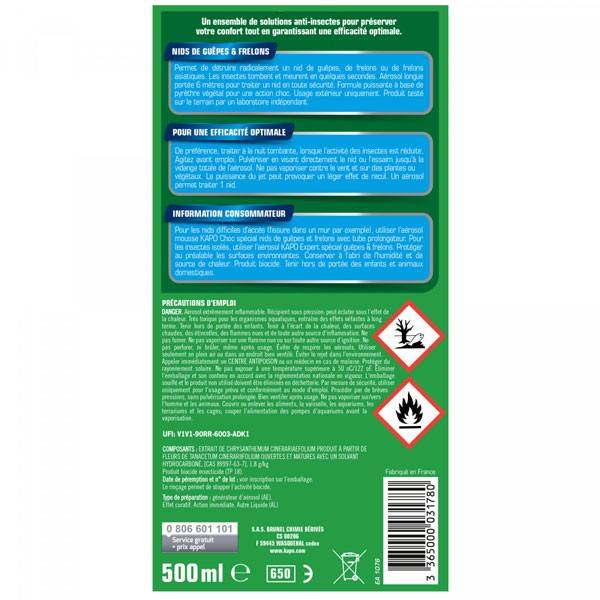 Verso étiquette aérosol spécial nid de guêpes au pyrèthre – 500 ml – Kpro Vert