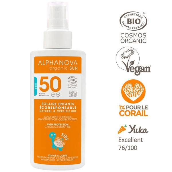 Crème solaire bio enfants vanille abricot – SPF 50 haute protection - 125 gr – Alphanova