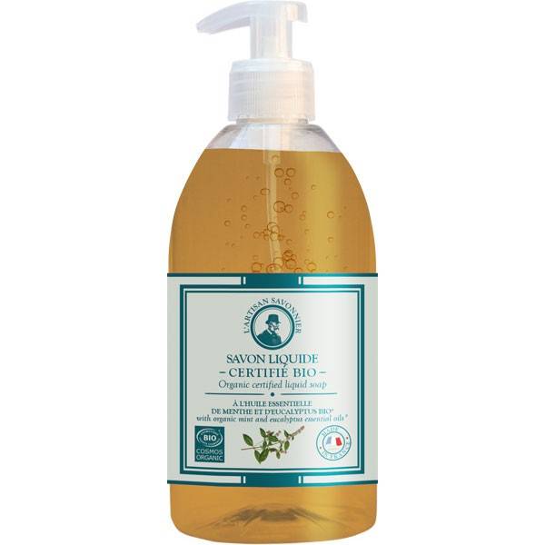 Nouvel emballage pour le savon liquide aux huiles essentielles de Menthe et d'Eucalyptus Bio – 500ml – l'Artisan Savonnier