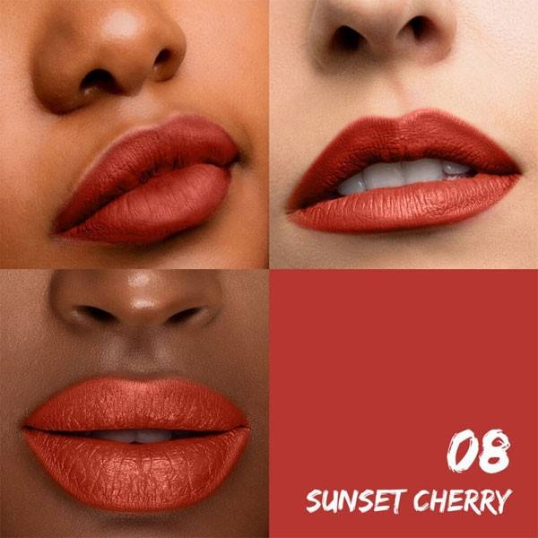 Exemples d'applications pour le rouge à lèvres mat 08 Sunset Cherry Santé