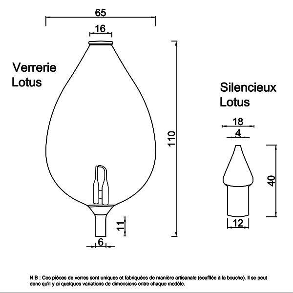 Technical drawing and dimensions for the Lotus glassware and the Silent Lotus