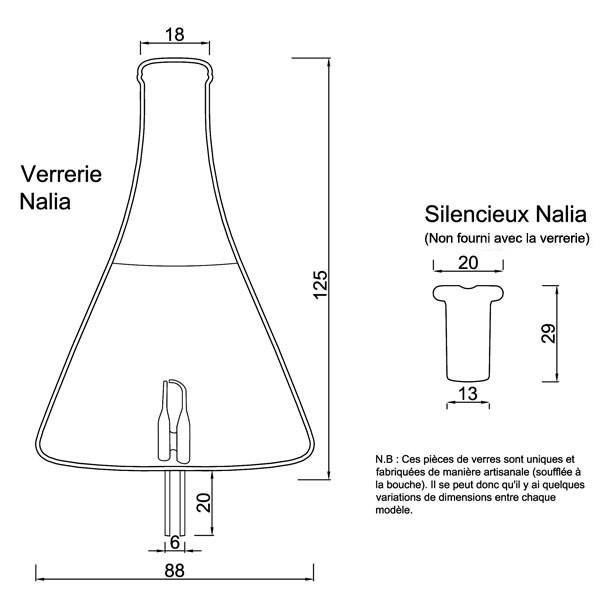 Dessin technique et dimensions pour la verrerie et le silencieux Nalia
