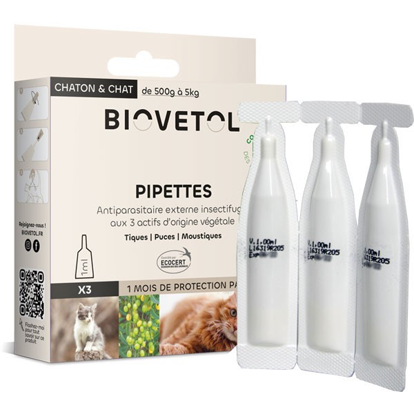 3 pipettes insectifuge Bio pour chat et chaton - Biovétol - Vue 1