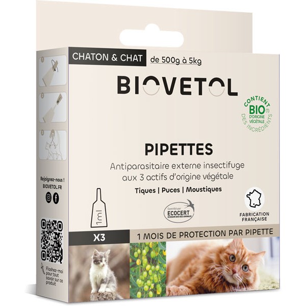 3 pipettes insectifuge Bio pour chat et chaton - Biovétol