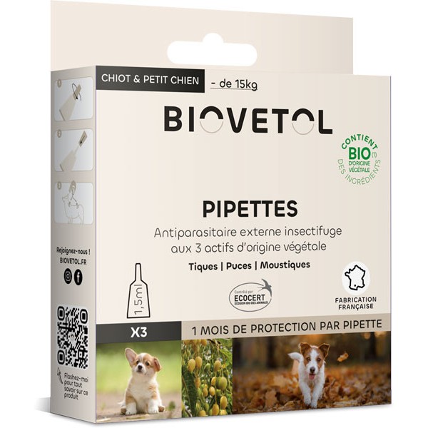 3 pipettes insectifuge Bio pour chiot et petit chien - Biovétol