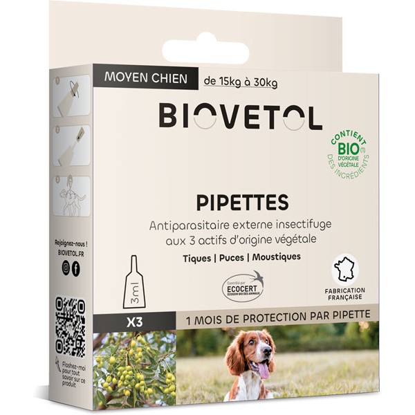 3 pipettes insectifuge Bio pour moyen chien - Biovétol