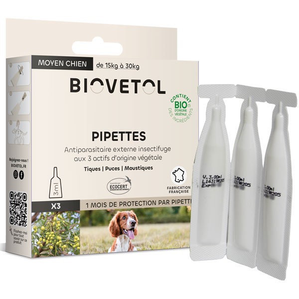 3 pipettes insectifuge Bio pour moyen chien - Biovétol - Vue 1