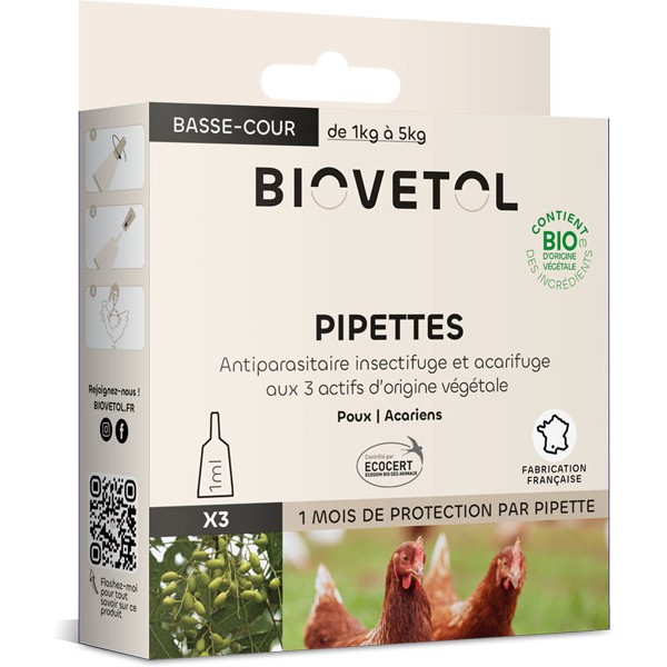 3 pipettes insectifuge Bio pour animaux à plumes de basse cour - Biovétol