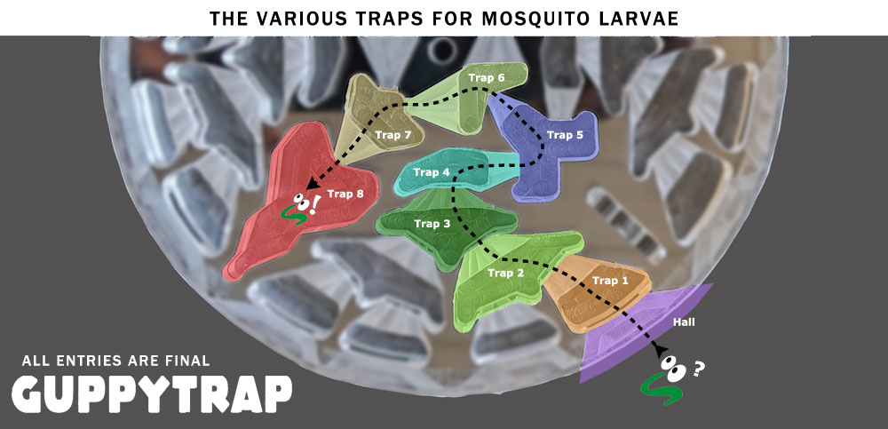 Principle of the parts of the GuppyTrap mosquito larvae trap