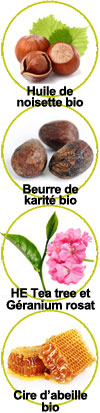 Actifs huile de noisette bio, beurre de karité bio, huiles essentielles de tea tree et de géranium rosat, cire d'abeille