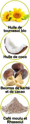 Actifs Huile de tournesol bio, huile de coco, beurre de karité et beurre de cacao, café moulu, rhassoul, huile essentielle d'eucalyptus radié et de Niaouli