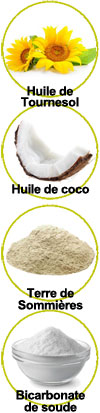 Actifs Huile de tournesol bio, huile de coco, Terre de Sommières et bicarbonate de soude