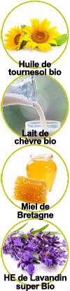 Actifs Huile de tournesol bio, lait de chèvre bio, miel de Bretagne et huile essentielle de Lavandin super bio